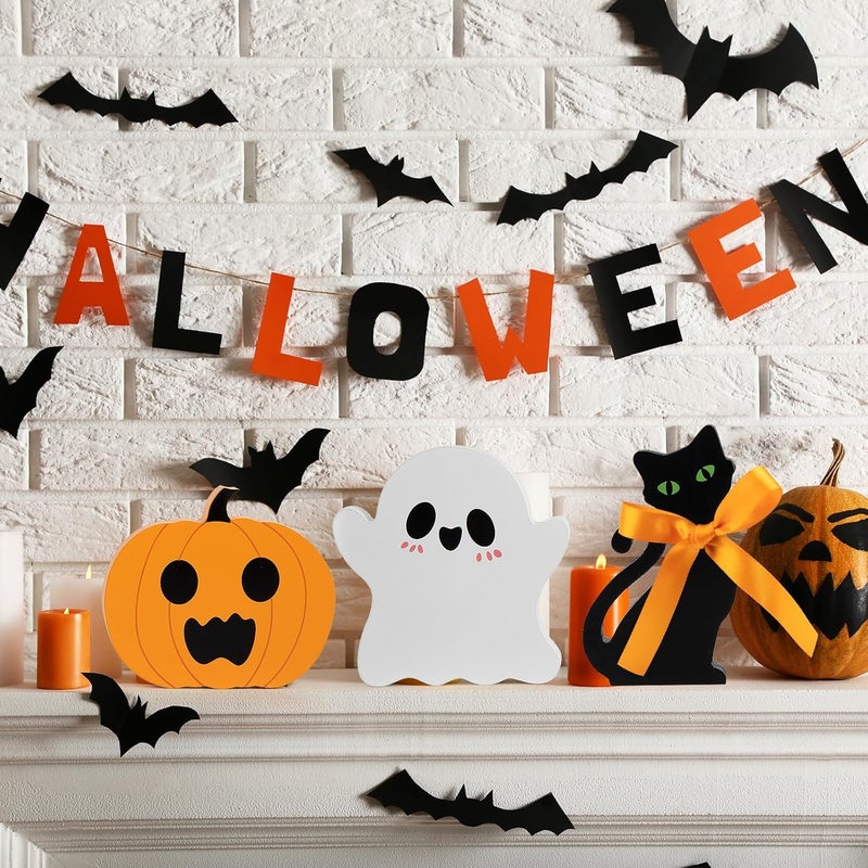 COCHIE Cute Halloween Tiered Tray Decorations Indoor, Ghost Wooden Decor Pumpkin Blocks Signs (Set of 3) - Image 4
